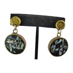 Handcrafted Brass Jasper Flake Disc Round  Dangle Earrings, Artsy Art to Wear